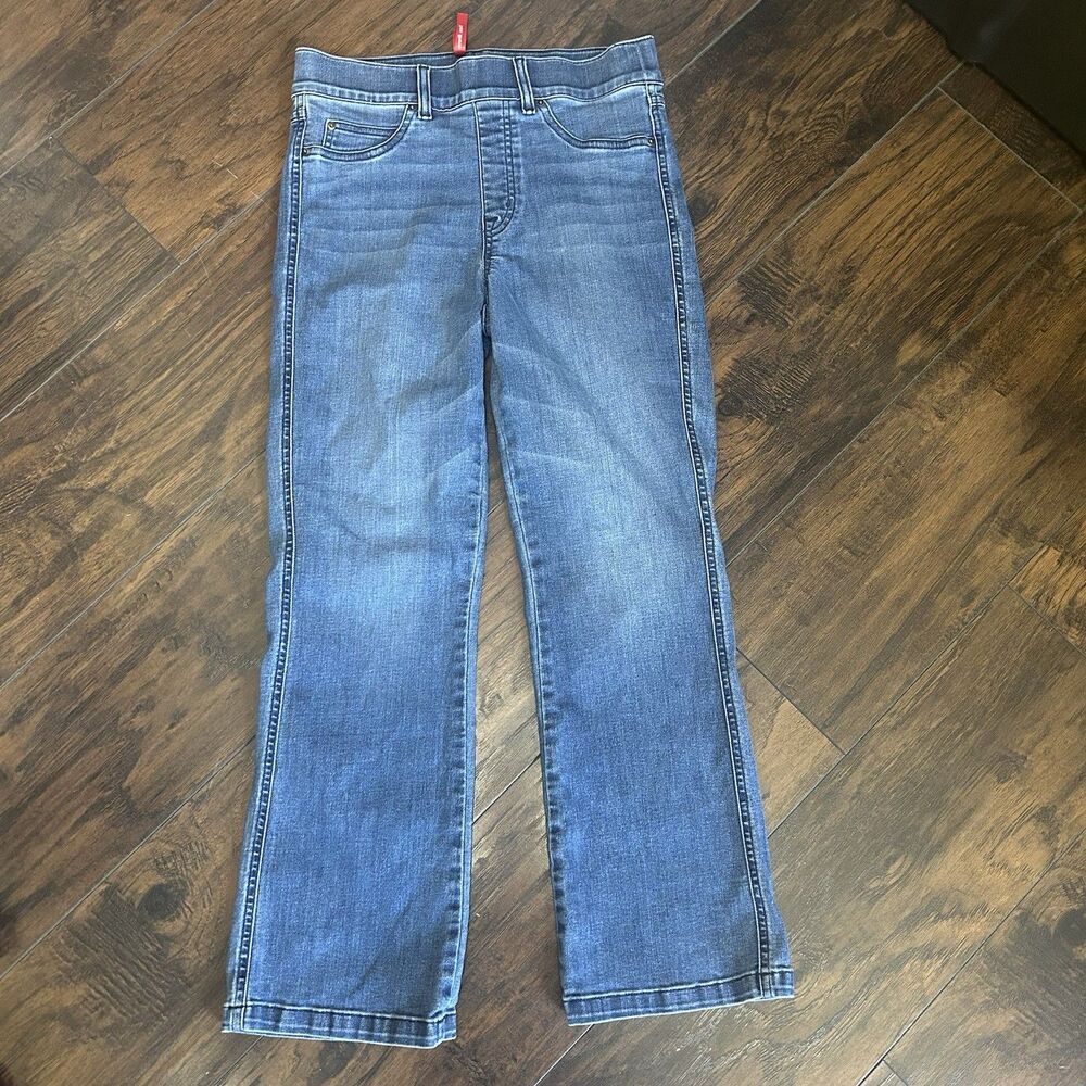 Spanx Kick Flare Crop Jeans Women M Blue Mid Rise Pull On Pocket Stretch Shaping